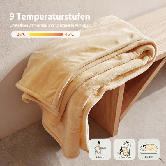 GOTCOZY Heizdecke 130x160 cm -Weicher seidiger Plüsch Wärmedecke Heizdecke 9 Heizstufen und 10 Stunden Auto-Off-Timer Überhitzungsschutz Kuscheldecke für Bett&Büro Waschbar(Gelb)
