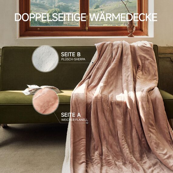 GOTCOZY Heizdecke 150x200 cm-Weicher seidiger Plüsch Wärmedecke Heizdecke 9 Heizstufen und 10 Stunden Auto-Off-Timer Überhitzungsschutz CE-Zertifiziert Kuscheldecke für Bett&Büro Waschbar(Rosen Staub)
