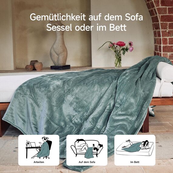 GOTCOZY Heizdecke 150x200 cm - Weicher seidiger Plüsch Wärmedecke Heizdecke 9 Heizstufen und 10 Stunden Auto-Off-Timer Überhitzungsschutz CE-Zertifiziert Kuscheldecke für Bett&Büro Waschbar(Grün)