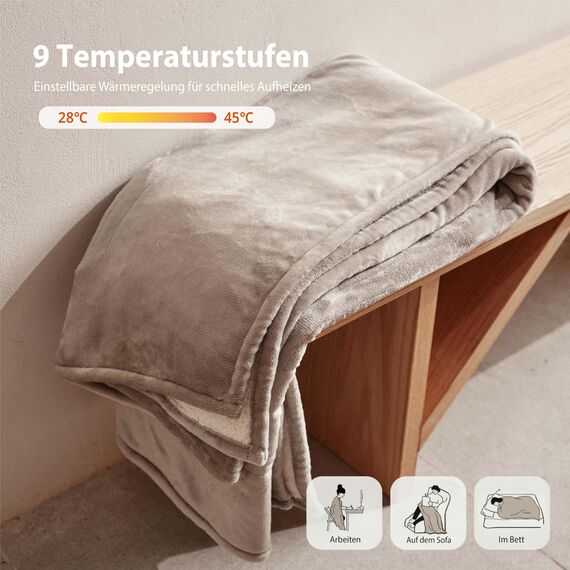 GOTCOZY Heizdecke 130x160 cm - Weicher seidiger Plüsch Wärmedecke Heizdecke 9 Heizstufen und 10 Stunden Auto-Off-Timer Überhitzungsschutz Kuscheldecke für Bett&Büro Waschbar(Grau)