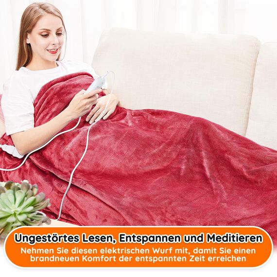 Heizdecke mit Abschaltautomatik, 130x180cm 10 Heizstufen 1~9 Stunden Auto-Off-Timer Überhitzungsschutz, Elektrische Wärmedecke Bett Wärme Decke ETL für Home & Office Schnelle Flanell Waschbar Rot