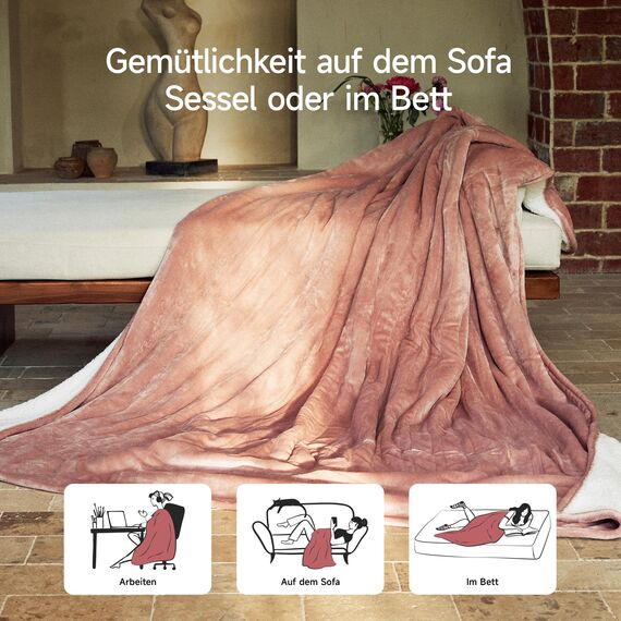 GOTCOZY Heizdecke 150x200 cm-Weicher seidiger Plüsch Wärmedecke Heizdecke 9 Heizstufen und 10 Stunden Auto-Off-Timer Überhitzungsschutz CE-Zertifiziert Kuscheldecke für Bett&Büro Waschbar(Rosen Staub)