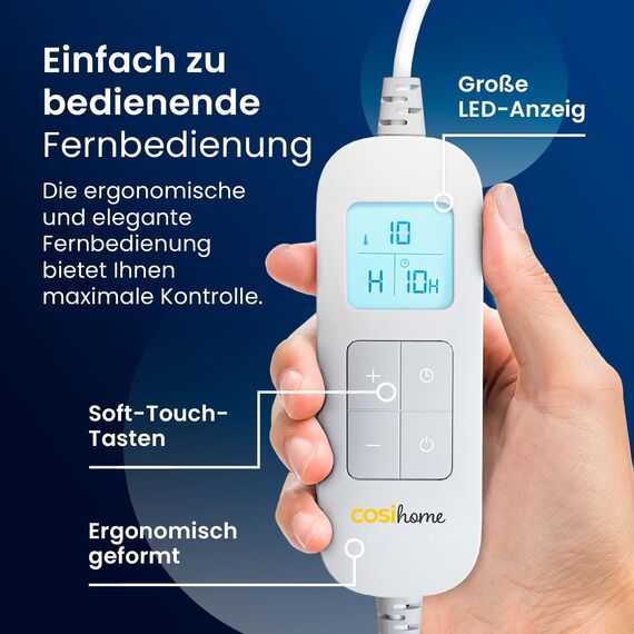 Cosi Home Heizdecke 200 x 150 cm - Elektrische Wärmedecke mit Abschaltautomatik, Überhitzungsschutz, Waschbar, Kuscheliges Sherpa & Fleece, 10 Heizstufen mit digitaler Fernbedienung - Navy