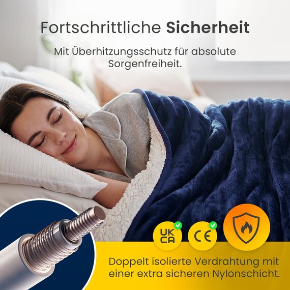 Cosi Home Heizdecke 180x130 cm - Elektrische Wärmedecke mit Abschaltautomatik, Überhitzungsschutz, Waschbar, Kuscheliges Sherpa & Fleece, 10 Heizstufen mit digitaler Fernbedienung - Navy