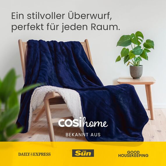 Cosi Home Heizdecke 180x130 cm - Elektrische Wärmedecke mit Abschaltautomatik, Überhitzungsschutz, Waschbar, Kuscheliges Sherpa & Fleece, 10 Heizstufen mit digitaler Fernbedienung - Navy