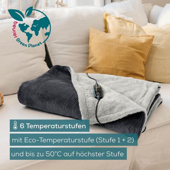 Beurer HD 80 Cord grau Heizdecke, kuschelige Wärmedecke mit 6 Temperaturstufen, recycelte Materialien, mit Abschaltautomatik und Sicherheitssystem, Kuscheldecke aus trendigem, weichem Cord-Stoff