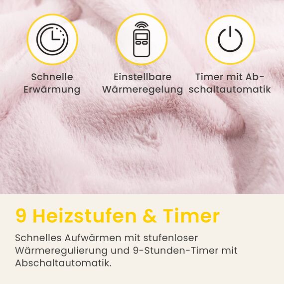 Cosi Home Luxus Heizdecke mit Abschaltautomatik - Elektrische Wärmedecke mit Überhitzungsschutz, 9 Heizstufen, Waschbar, Fernbedienung - Kuscheldecke flauschig aus Kunstfell, 180x130cm - Rosa