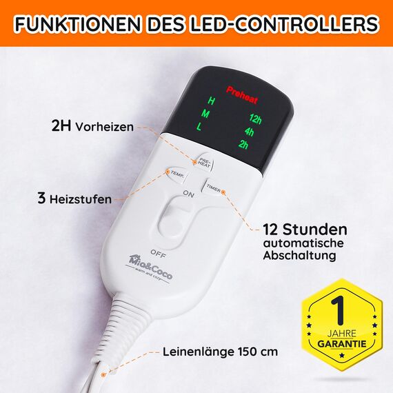 Mia&Coco Heizdecke mit Abschaltautomatik, 150 x 80 cm, Wärmeunterbett mit 12-Stunden-Timer und 3 Wärmestufen, LED-Anzeige, Überhitzungsschutz, Wärmedecke für Gängigen Matratzen,Maschinenwaschbar