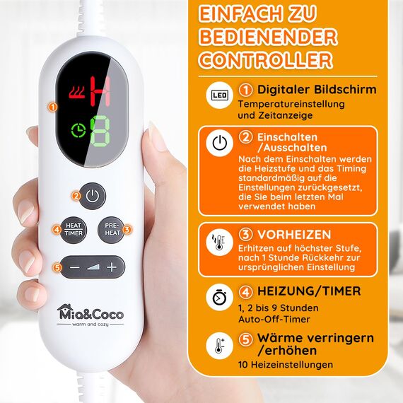 Mia&Coco Heizdecke mit Abschaltautomatik 180x130 cm, 10 Heizstufen, 9 Std. Auto-Off Timer, Überhitzungsschutz, maschinenwaschbar, elektrische Wärmedecke aus Flanell für Bett, Sofa & Wohnzimmer, Grau