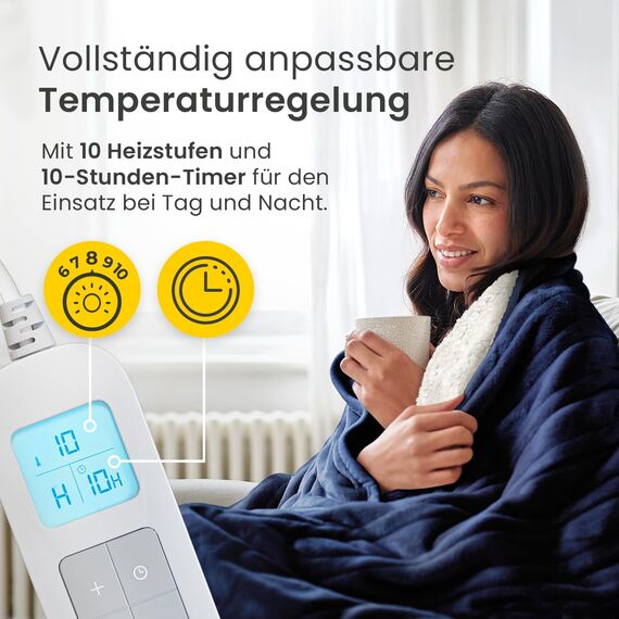 Cosi Home Heizdecke 200 x 150 cm - Elektrische Wärmedecke mit Abschaltautomatik, Überhitzungsschutz, Waschbar, Kuscheliges Sherpa & Fleece, 10 Heizstufen mit digitaler Fernbedienung - Navy