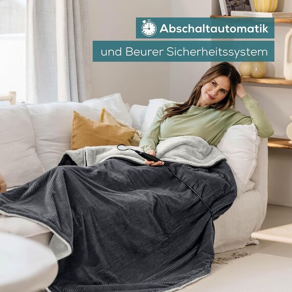 Beurer HD 80 Cord grau Heizdecke, kuschelige Wärmedecke mit 6 Temperaturstufen, recycelte Materialien, mit Abschaltautomatik und Sicherheitssystem, Kuscheldecke aus trendigem, weichem Cord-Stoff