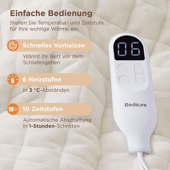 BEDSURE Heizdecke mit Abschaltautomatik 130x180cm - Geschenke für Frauen Mama, Wärmedecke mit 6 Heizstufen & 10 Stunden Timer, bis zu 8 Stunden Überhitzungsschutz, Elektrische Decke, Kariert Creamweiß