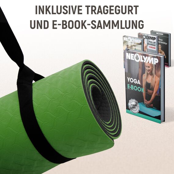 NEOLYMP Yogamatte rutschfest mit Tragegurt und Übungen - leichte Yogamatte dünn, umweltfreundliche Gymnastikmatte, Sportmatte, Turnmatte, Yoga Starter-Set