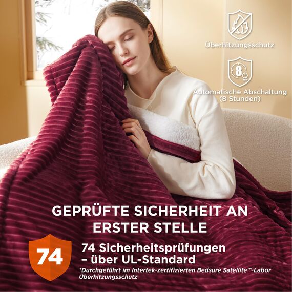 BEDSURE Heizdecke mit Abschaltautomatik Wärmedecke - Weihnachten Geschenke Frauen, Elektrische Decke mit 6 Heizstufen & 10 Stunden Timer, bis zu 8 Stunden Überhitzungsschutz, 200x180cm, Gestreift Rot