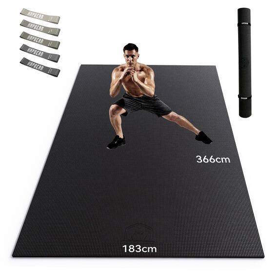 HAPBEAR Extra Groß Breit Sportmatte Fitnessmatte Gymnastikmatte rutschfest-Yogamatte 366 cm x 183 cm x 8 mm Dicke, Hoher Dichte Ultra Haltbar PVC,Trainingsmatten mit Fitnessbänder, Schuhfreundlich