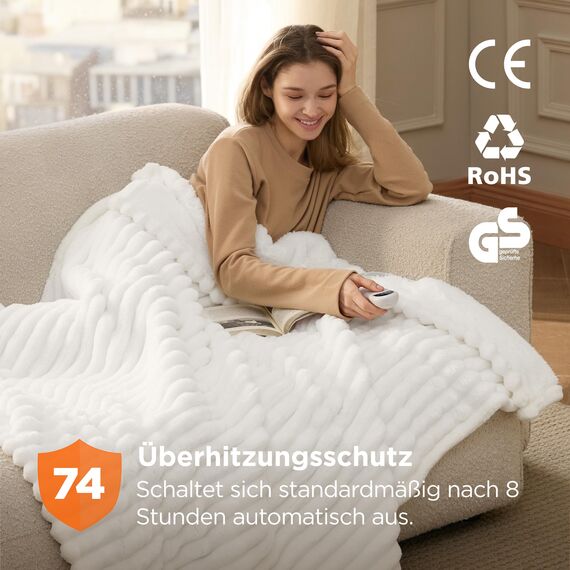 BEDSURE Heizdecke mit Abschaltautomatik 130x180cm - Geschenke für Frauen Mama, Wärmedecke mit 6 Heizstufen & 10 Stunden Timer, bis zu 8 Stunden Überhitzungsschutz, Elektrische Decke, Gestreift Weiß
