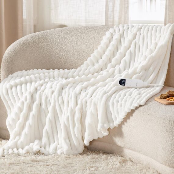 BEDSURE Heizdecke mit Abschaltautomatik 130x180cm - Geschenke für Frauen Mama, Wärmedecke mit 6 Heizstufen & 10 Stunden Timer, bis zu 8 Stunden Überhitzungsschutz, Elektrische Decke, Gestreift Weiß