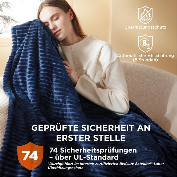 BEDSURE Heizdecke mit Abschaltautomatik Wärmedecke - Geschenke für Frauen & Mama, Weihnachten, Elektrische Decke mit 6 Heizstufen & 10 Stunden Timer, 130x180cm,Gestreift Marineblau