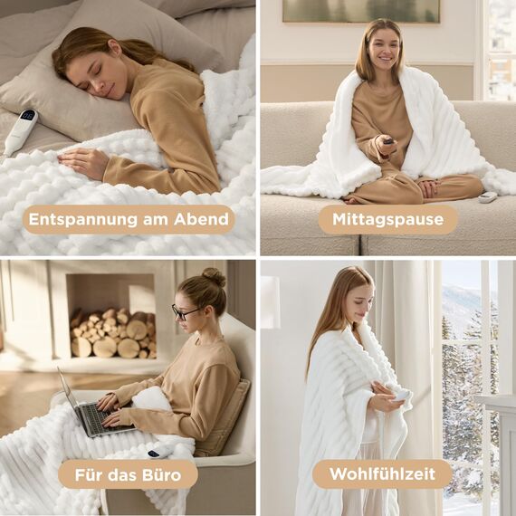 BEDSURE Heizdecke mit Abschaltautomatik 130x180cm - Geschenke für Frauen Mama, Wärmedecke mit 6 Heizstufen & 10 Stunden Timer, bis zu 8 Stunden Überhitzungsschutz, Elektrische Decke, Gestreift Weiß