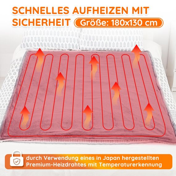 Mia&Coco Heizdecke mit Abschaltautomatik 180x130 cm, 10 Heizstufen, 9 Std. Auto-Off Timer, Überhitzungsschutz, maschinenwaschbar, elektrische Wärmedecke aus Flanell für Bett, Sofa & Wohnzimmer, Grau