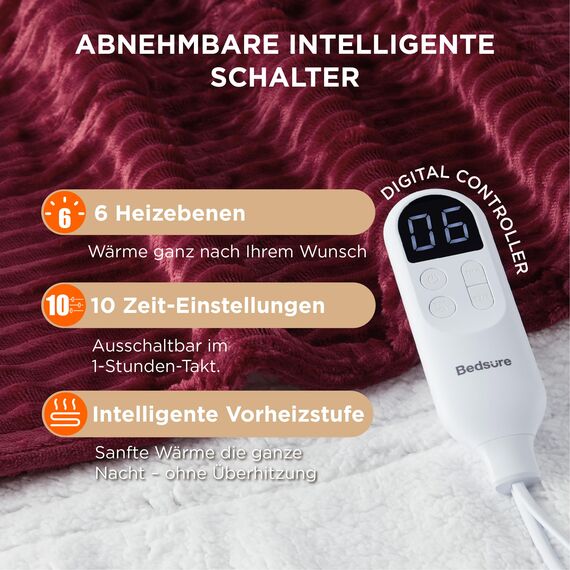 BEDSURE Heizdecke mit Abschaltautomatik Wärmedecke - Weihnachten Geschenke Frauen, Elektrische Decke mit 6 Heizstufen & 10 Stunden Timer, bis zu 8 Stunden Überhitzungsschutz, 200x180cm, Gestreift Rot