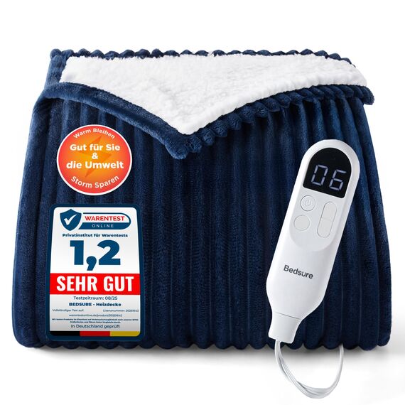 BEDSURE Heizdecke mit Abschaltautomatik Wärmedecke - Geschenke für Frauen & Mama, Weihnachten, Elektrische Decke mit 6 Heizstufen & 10 Stunden Timer, 130x180cm,Gestreift Marineblau