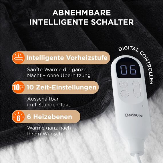 BEDSURE Heizdecke mit Abschaltautomatik 180x200cm - Wärmedecke mit 6 Heizstufen & 10 Stunden Timer, bis zu 8 Stunden Überhitzungsschutz, Elektrische Kuscheldecke für Home & Office, Schwarz