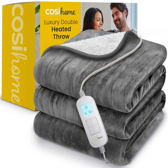 Cosi Home Heizdecke 200 x 150 cm - Elektrische Wärmedecke mit Abschaltautomatik, Überhitzungsschutz, Waschbar, Kuscheliges Sherpa & Fleece, 10 Heizstufen mit digitaler Fernbedienung - Grau