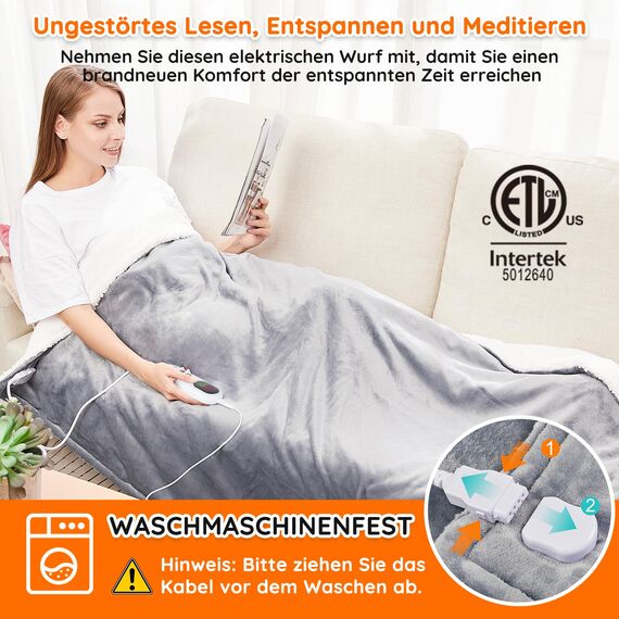 Mia&Coco Heizdecke mit Abschaltautomatik 160x130 cm, 10 Heizstufen, 9 Std. Auto-Off Timer, Überhitzungsschutz, maschinenwaschbar, elektrische Wärmedecke aus Flanell für Bett, Sofa & Wohnzimmer, Grau