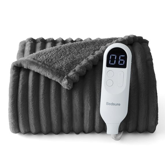 BEDSURE Heizdecke mit Abschaltautomatik 130x180cm - Geschenke für Frauen, Wärmedecke mit 6 Heizstufen & 10 Stunden Timer, bis zu 8 Stunden Überhitzungsschutz für Home & Office, Gestreift Dunkegrau