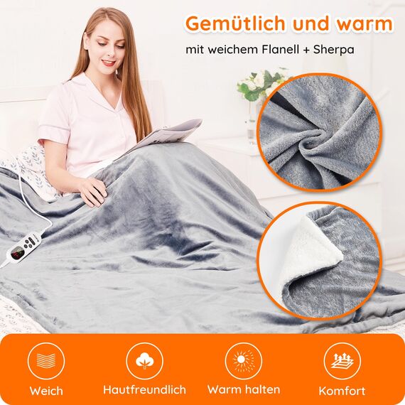 Mia&Coco Heizdecke mit Abschaltautomatik 180x130 cm, 10 Heizstufen, 9 Std. Auto-Off Timer, Überhitzungsschutz, maschinenwaschbar, elektrische Wärmedecke aus Flanell für Bett, Sofa & Wohnzimmer, Grau
