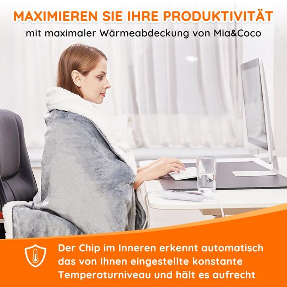 Mia&Coco Heizdecke mit Abschaltautomatik 180x130 cm, 10 Heizstufen, 9 Std. Auto-Off Timer, Überhitzungsschutz, maschinenwaschbar, elektrische Wärmedecke aus Flanell für Bett, Sofa & Wohnzimmer, Grau