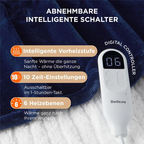 BEDSURE Heizdecke mit Abschaltautomatik Wärmedecke - Geschenke für Frauen & Mama, Weihnachten, Elektrische Kuscheldecke mit 6 Heizstufen & 10 Stunden Timer, 130x180cm, Marineblau