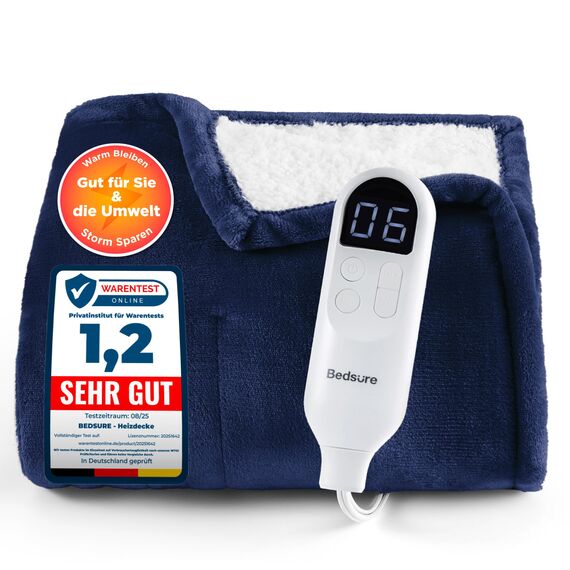 BEDSURE Heizdecke mit Abschaltautomatik 180x200cm - Wärmedecke mit 6 Heizstufen & 10 Stunden Timer, bis zu 8 Stunden Überhitzungsschutz, Elektrische Kuscheldecke für Home & Office, Marineblau