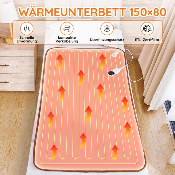 Mia&Coco Heizdecke mit Abschaltautomatik, 150 x 80 cm, Wärmeunterbett mit 12-Stunden-Timer und 3 Wärmestufen, LED-Anzeige, Überhitzungsschutz, Wärmedecke für Gängigen Matratzen,Maschinenwaschbar