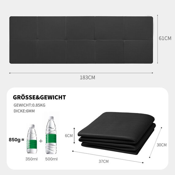 Good Nite Klappbare Yogamatte Rutschfest Tragbare Fitnessmatte Faltbar Leicht Gymnastikmatte Pilates Sport Reiseyogamatte 183 x 61 x 0.6 cm (Schwarz)