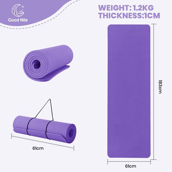 Good Nite Yogamatten Für Frauen Rutschfeste Strukturierte Oberflächen Gymnastikmatte Yoga Matte Dicke 10mm Mit Tragegurt Tpe-Übungsmatte Für Yoga Pilates Gymnastik (183X61cm) (Dunkellila/Helllila)