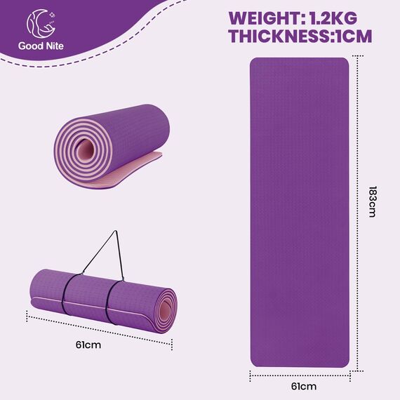 Good Nite Yogamatten Für Frauen Rutschfeste Strukturierte Oberflächen Gymnastikmatte Yoga Matte Dicke 10mm Mit Tragegurt Tpe-Übungsmatte Für Yoga Pilates Gymnastik (183X61cm) (Lila/Rosa)