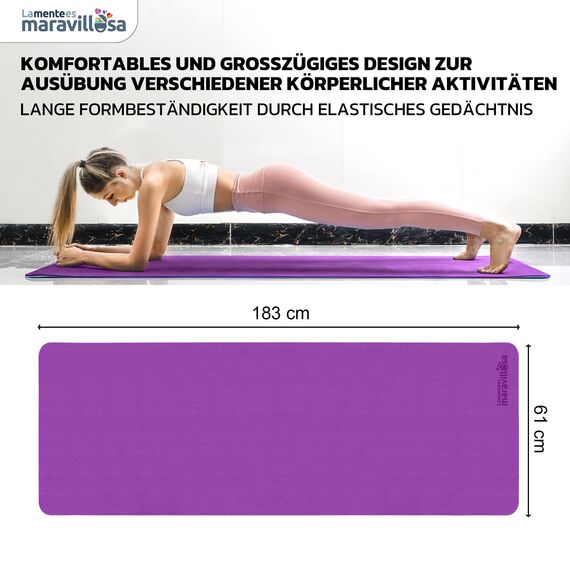 LA MENTE ES MARAVILLOSA - Gymnastikmatte, Rutschfest Yogamatte inkl. Tragegurt + Tasche + Übungs-E-Book, Gepolstert, Hautfreundliches TPE für Fitness/Pilates/Workout 183x61 cm (Lila/Blau ohne Design)