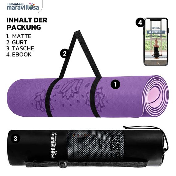 LA MENTE ES MARAVILLOSA - Gymnastikmatte, Rutschfest Yogamatte inkl. Tragegurt + Tasche + Übungs-E-Book, Gepolstert, Hautfreundliches TPE für Fitness/Pilates/Workout 183x61 cm (Blumen, Lila/Rosa)