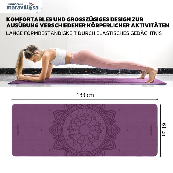 LA MENTE ES MARAVILLOSA - Gymnastikmatte, Rutschfest Yogamatte inkl. Tragegurt + Tasche + Übungs-E-Book, Gepolstert, Hautfreundliches TPE für Fitness/Pilates/Workout 183x61cm (Mandala, Lila/Hellblau)