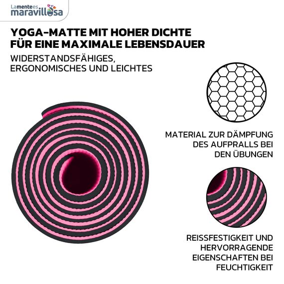 LA MENTE ES MARAVILLOSA - Gymnastikmatte, Rutschfest Yogamatte inkl. Tragegurt + Tasche + Übungs-E-Book, Gepolstert, Hautfreundliches TPE für Fitness/Pilates/Workout 183x61 cm (Mandala, Schwarz/Rosa)