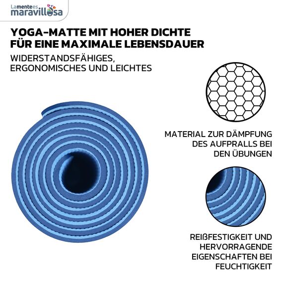 LA MENTE ES MARAVILLOSA - Gymnastikmatte, Rutschfest Yogamatte inkl. Tragegurt + Tasche + Übungs-E-Book, Gepolstert, Hautfreundliches TPE für Fitness/Pilates/Workout 183x61 cm (Mandala, Blau)