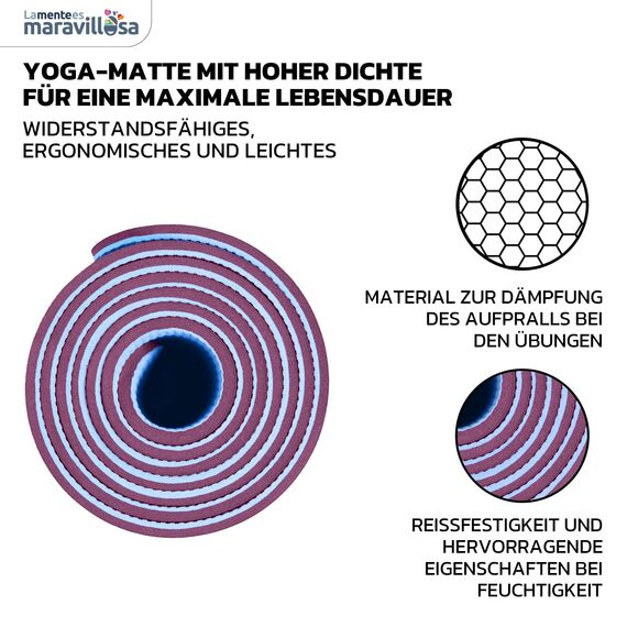 LA MENTE ES MARAVILLOSA - Gymnastikmatte, Rutschfest Yogamatte inkl. Tragegurt + Tasche + Übungs-E-Book, Gepolstert, Hautfreundliches TPE für Fitness/Pilates/Workout 183x61cm (Mandala, Lila/Hellblau)