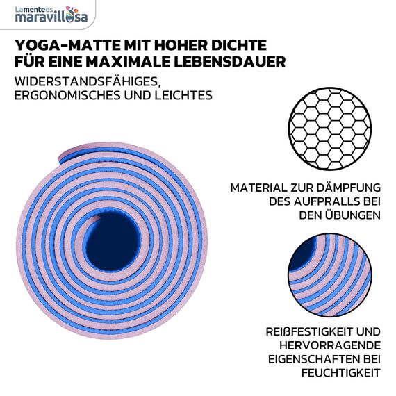 LA MENTE ES MARAVILLOSA - Gymnastikmatte, Rutschfest Yogamatte inkl. Tragegurt + Tasche + Übungs-E-Book, Gepolstert, Hautfreundliches TPE für Fitness/Pilates/Workout 183x61 cm (Blumen, Rosa/Blau)