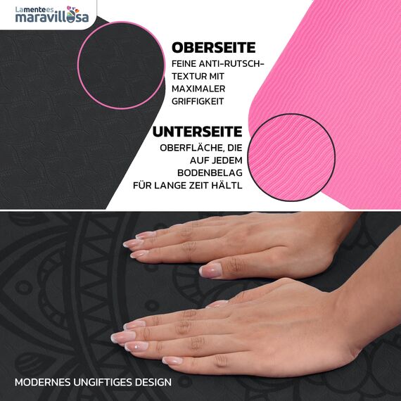 LA MENTE ES MARAVILLOSA - Gymnastikmatte, Rutschfest Yogamatte inkl. Tragegurt + Tasche + Übungs-E-Book, Gepolstert, Hautfreundliches TPE für Fitness/Pilates/Workout 183x61 cm (Mandala, Schwarz/Rosa)