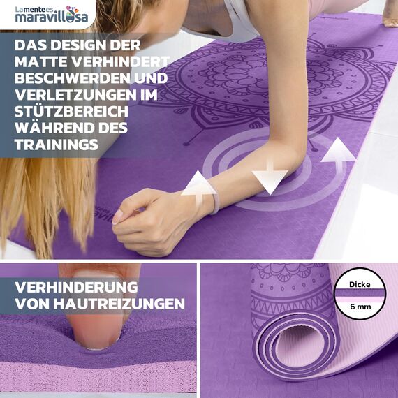LA MENTE ES MARAVILLOSA - Gymnastikmatte, Rutschfest Yogamatte inkl. Tragegurt + Tasche + Übungs-E-Book, Gepolstert, Hautfreundliches TPE für Fitness/Pilates/Workout 183x61 cm (Mandala, Lila/Rosa)