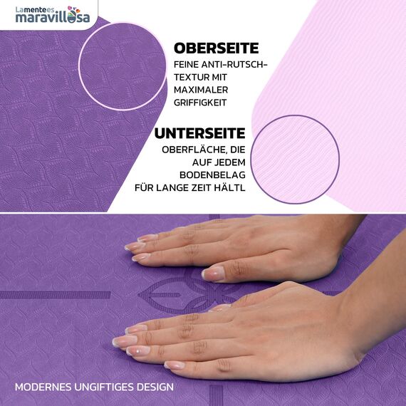 LA MENTE ES MARAVILLOSA - Gymnastikmatte, Rutschfest Yogamatte inkl. Tragegurt + Tasche + Übungs-E-Book, Gepolstert, Hautfreundliches TPE für Fitness/Pilates/Workout 183x61 cm (Blumen, Lila/Rosa)