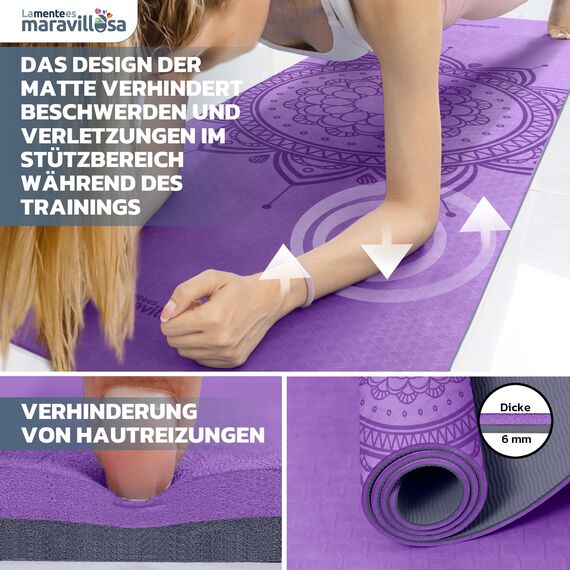 LA MENTE ES MARAVILLOSA - Gymnastikmatte, Rutschfest Yogamatte inkl. Tragegurt + Tasche + Übungs-E-Book, Gepolstert, Hautfreundliches TPE für Fitness/Pilates/Workout 183x61 cm (Mandala, Lila/Schwarz)