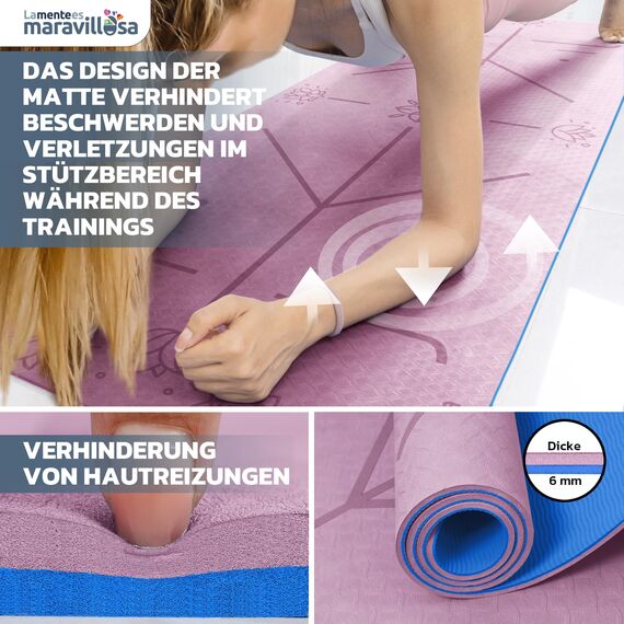 LA MENTE ES MARAVILLOSA - Gymnastikmatte, Rutschfest Yogamatte inkl. Tragegurt + Tasche + Übungs-E-Book, Gepolstert, Hautfreundliches TPE für Fitness/Pilates/Workout 183x61 cm (Blumen, Rosa/Blau)